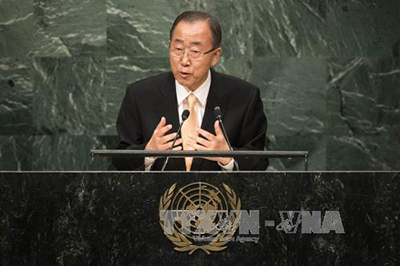 TTK LHQ Ban Ki-moon phát biểu tại phiên họp Đại hội đồng LHQ ở New York, Mỹ ngày 20/9. Ảnh: AFP/TTXVN