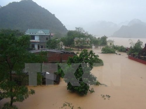 Nhiều nhà dân ở Quảng Bình bị nhấn chìm trong biển nước do mưa lũ. (Ảnh: Đức Thọ/TTXVN)