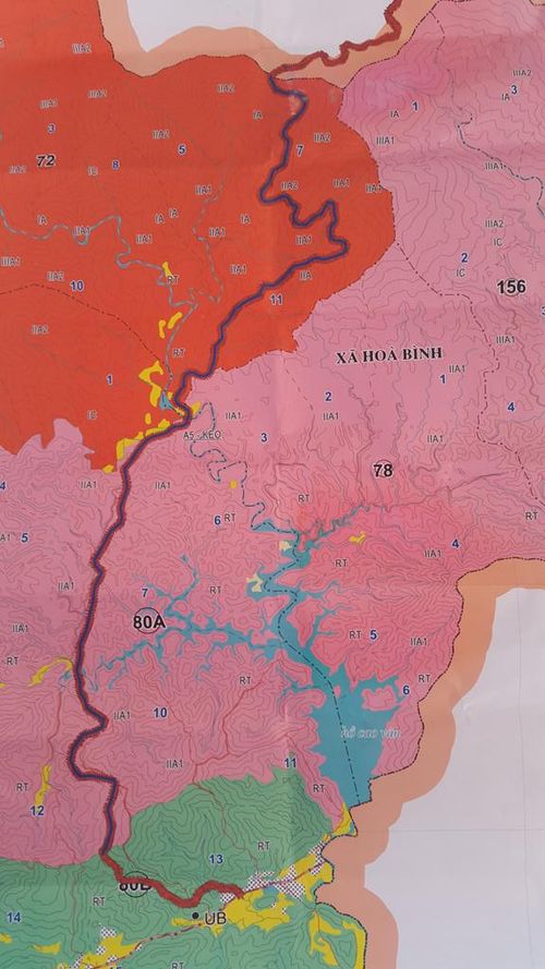 Sơ đồ tuyến đường định mở trong lưu vực sinh thủy hồ Cao Vân rộng 56ha, màu gạch nung là ký hiệu khu rừng bảo tồn quốc gia, màu hồng là rừng phòng hộ, màu xanh hanh lang bảo vệ hồ Cao Vân.