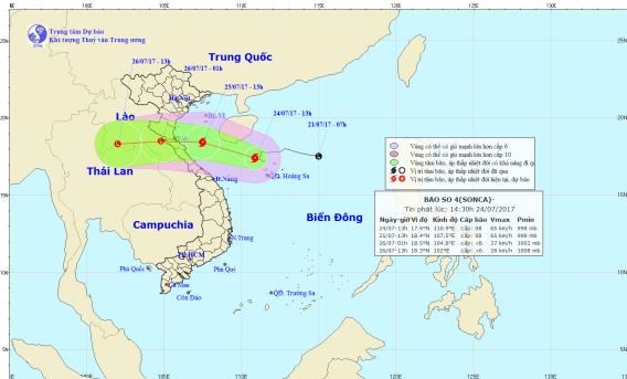 Bão số 4 sẽ di chuyển vào đất liền các tỉnh từ Nghệ An đến Quảng Bình